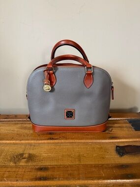 Dooney & Bourke Gray Pebble Leather Toiletry Bag with Brown Trim
